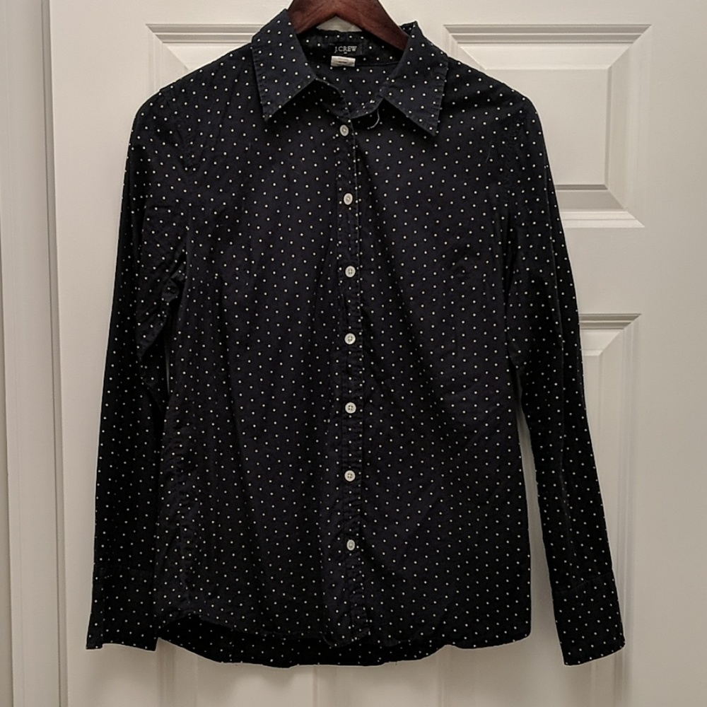 JCrew Navy and White Polka Dot Long Sleeve Shirt
